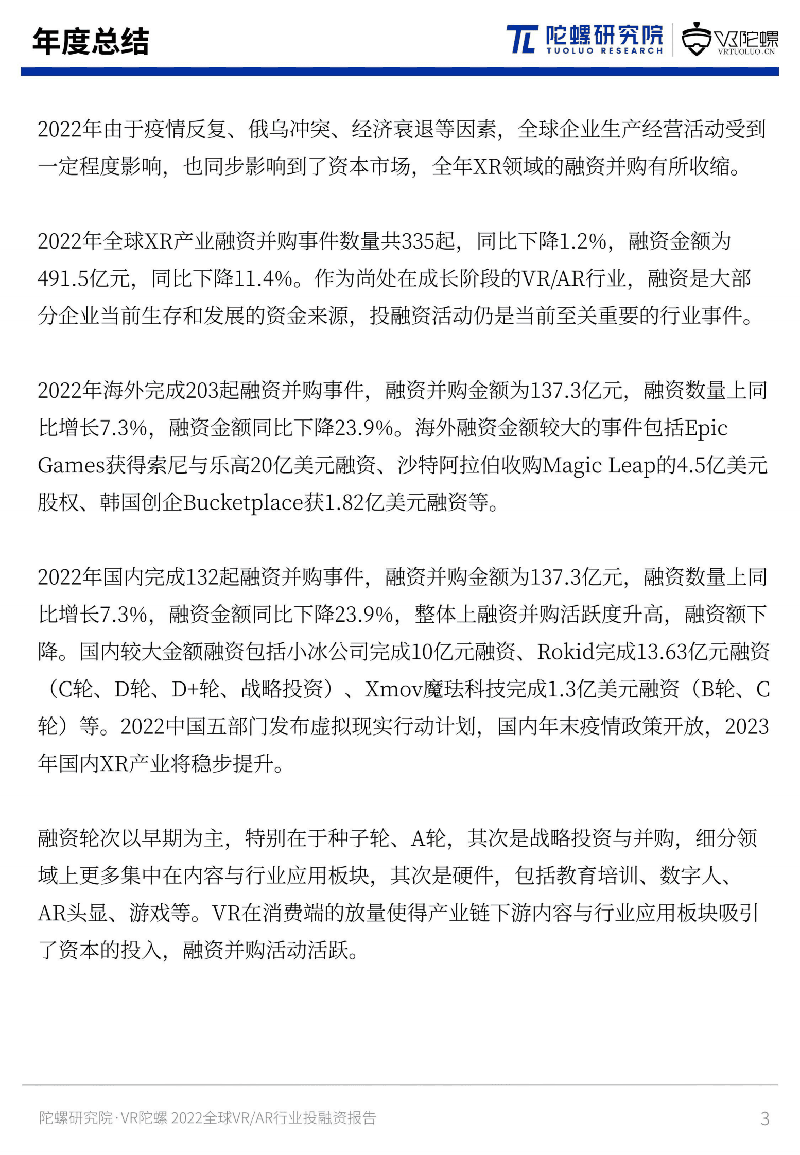 陀螺研究院：2022年全球VR&AR行业投融资报告 第3页