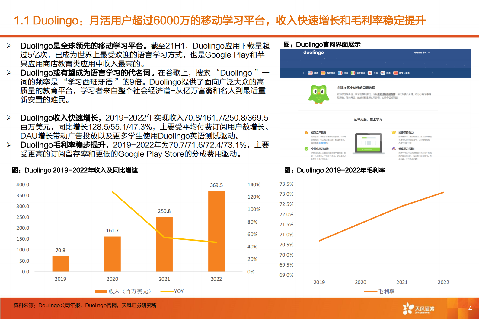 天风证券：教育行业专题研究：Duolingo-GPT4赋能教育，在线语言教学市场或有望快速扩容 第4页
