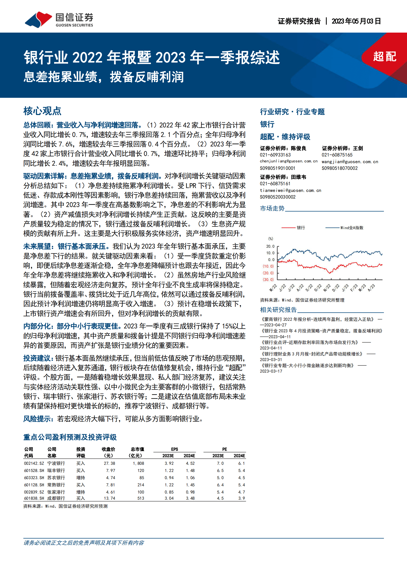 银行业2022年报暨2023年一季报综述：息差拖累业绩，拨备反哺利润 第1页