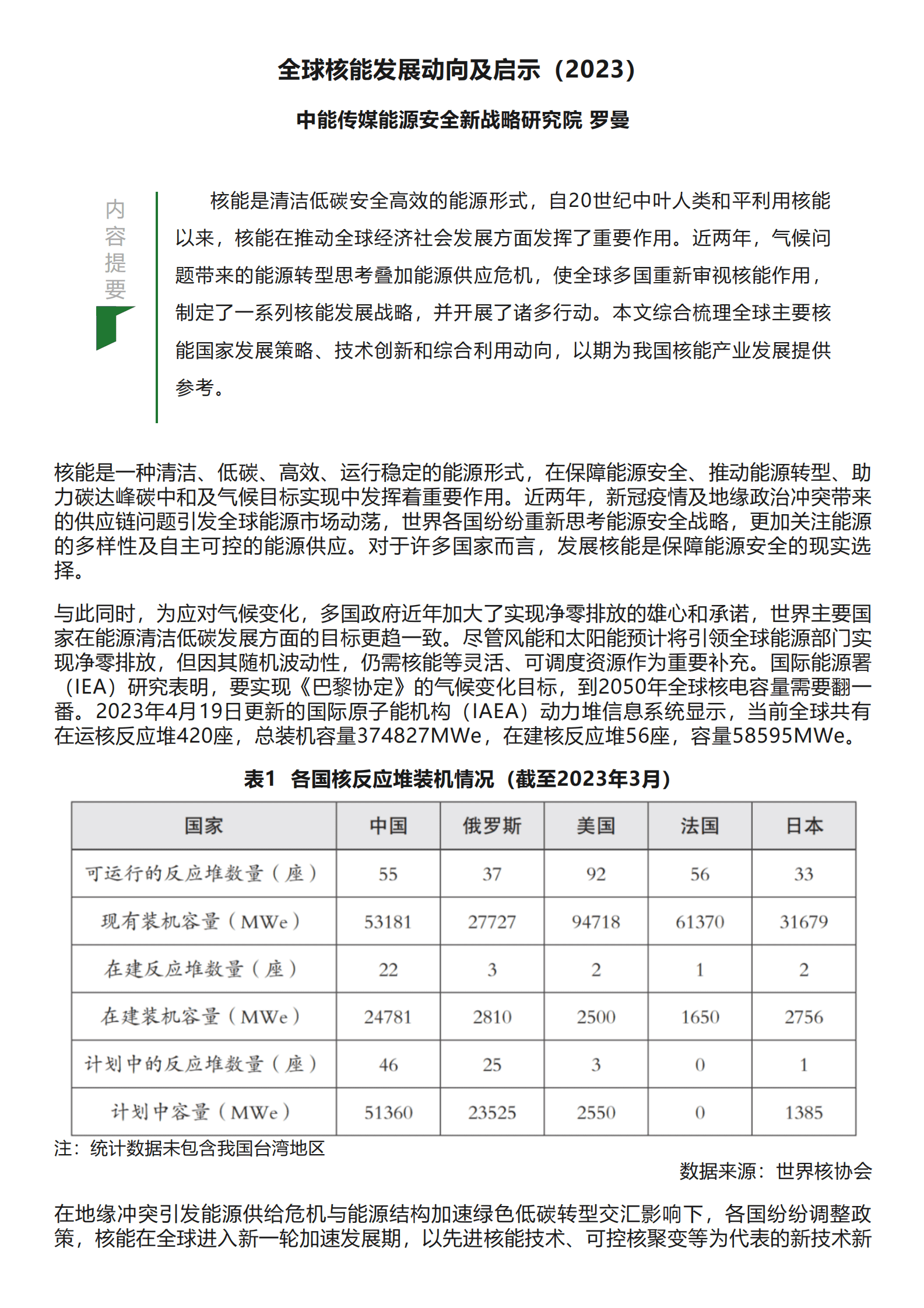中能传媒：全球核能发展动向及启示（2023） 第1页