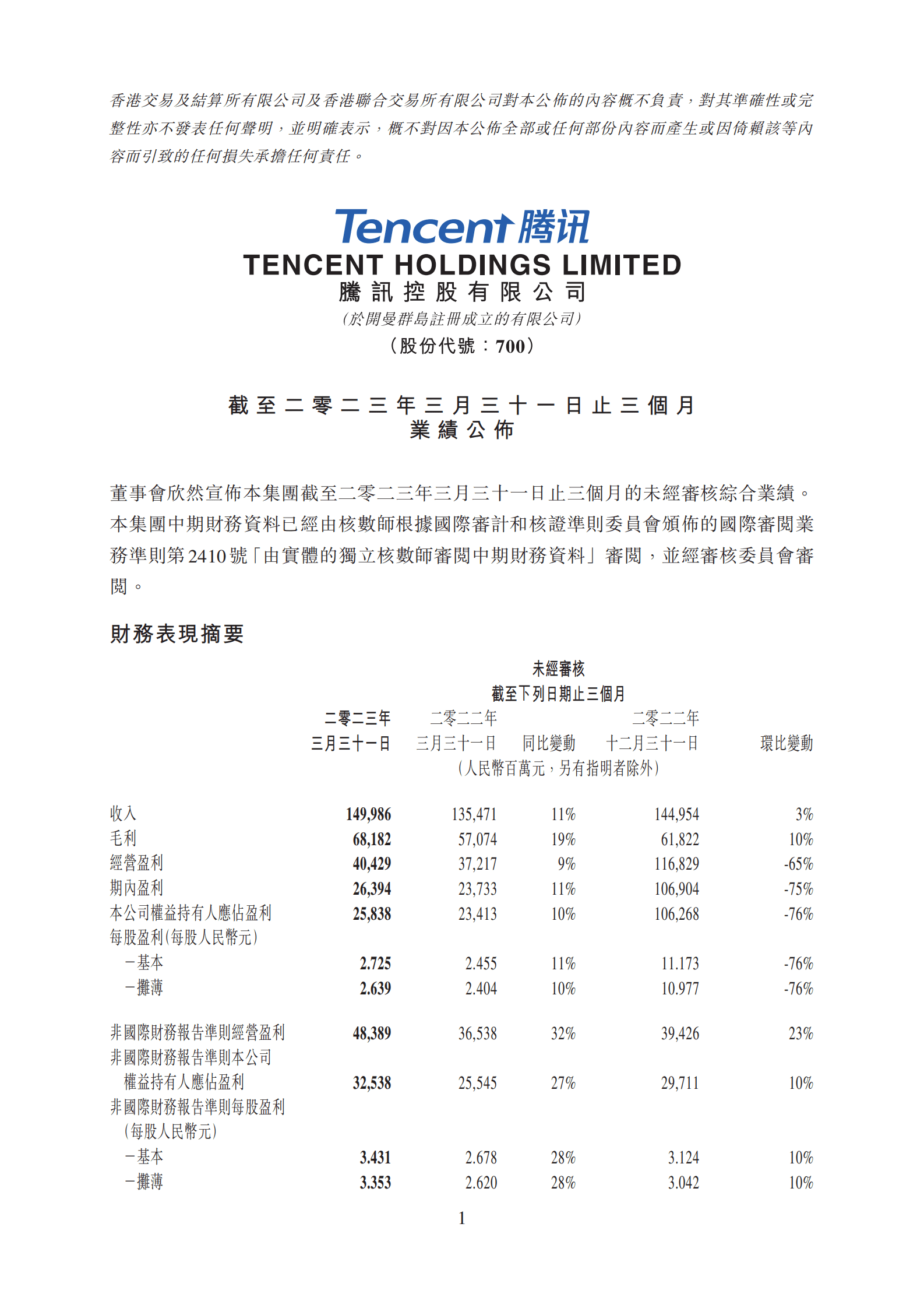 2023年第一季度腾讯业绩财报--港交所版本 第1页