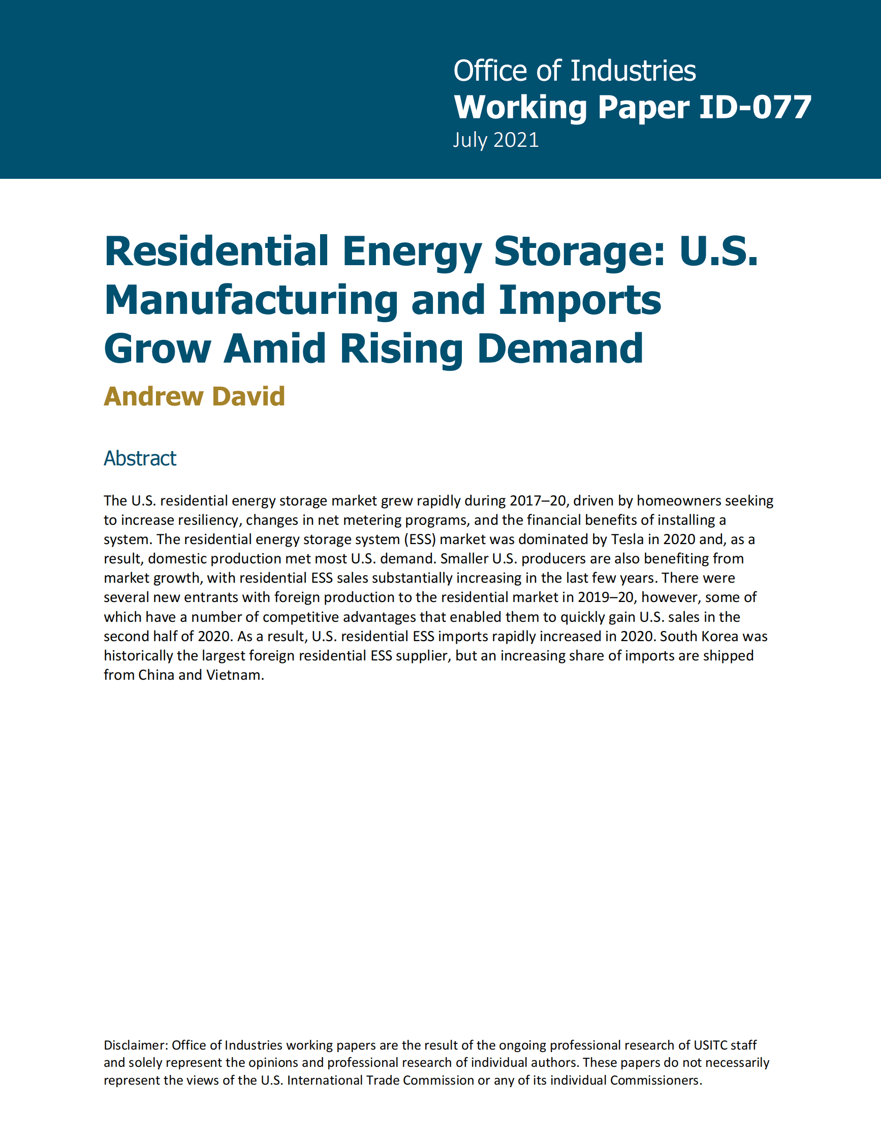 美国户用储能产品制造与进口概况（英） 第1页