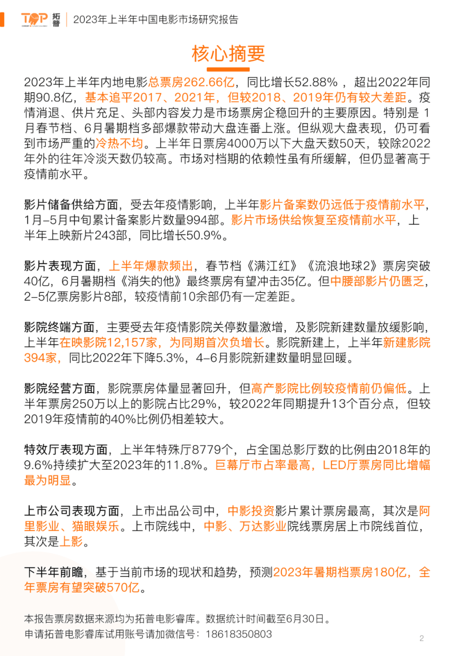 拓普数据：2023年上半年电影市场研究报告 第2页