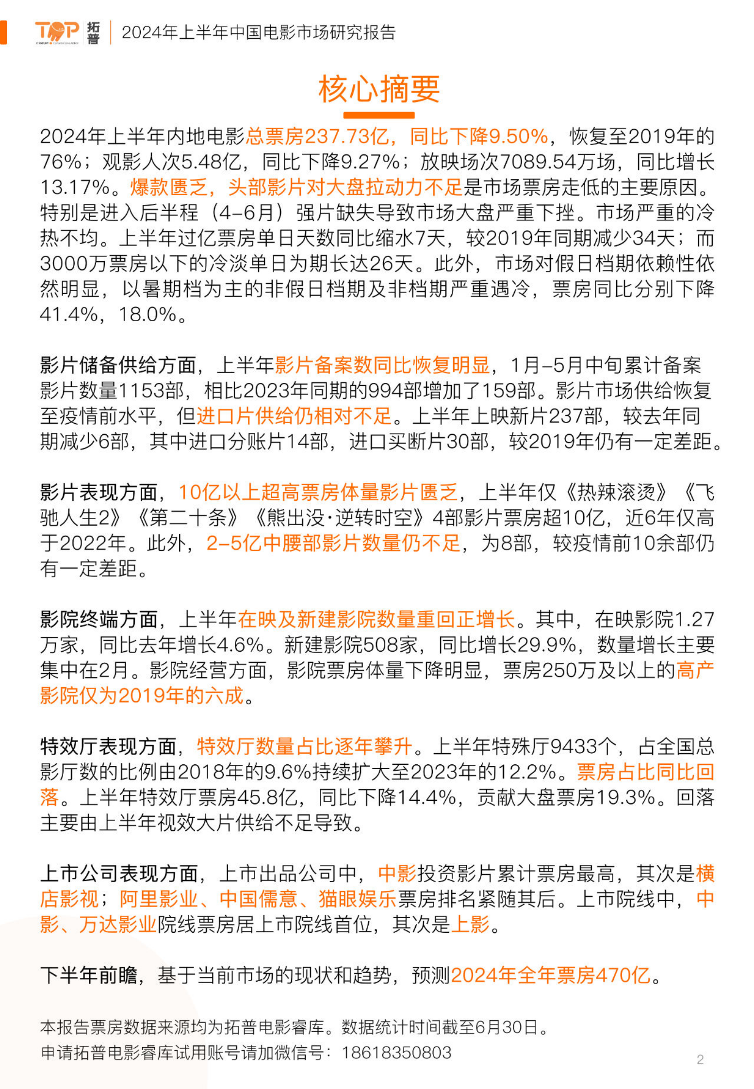 拓普数据：2024年上半年电影市场研究报告 第2页