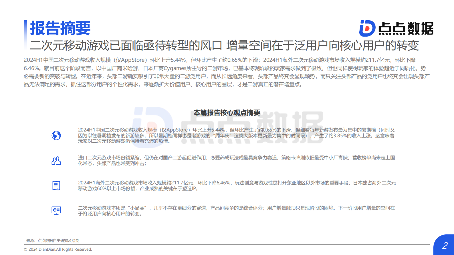 点点数据：2024年全球二次元移动游戏市场研究报告 第2页