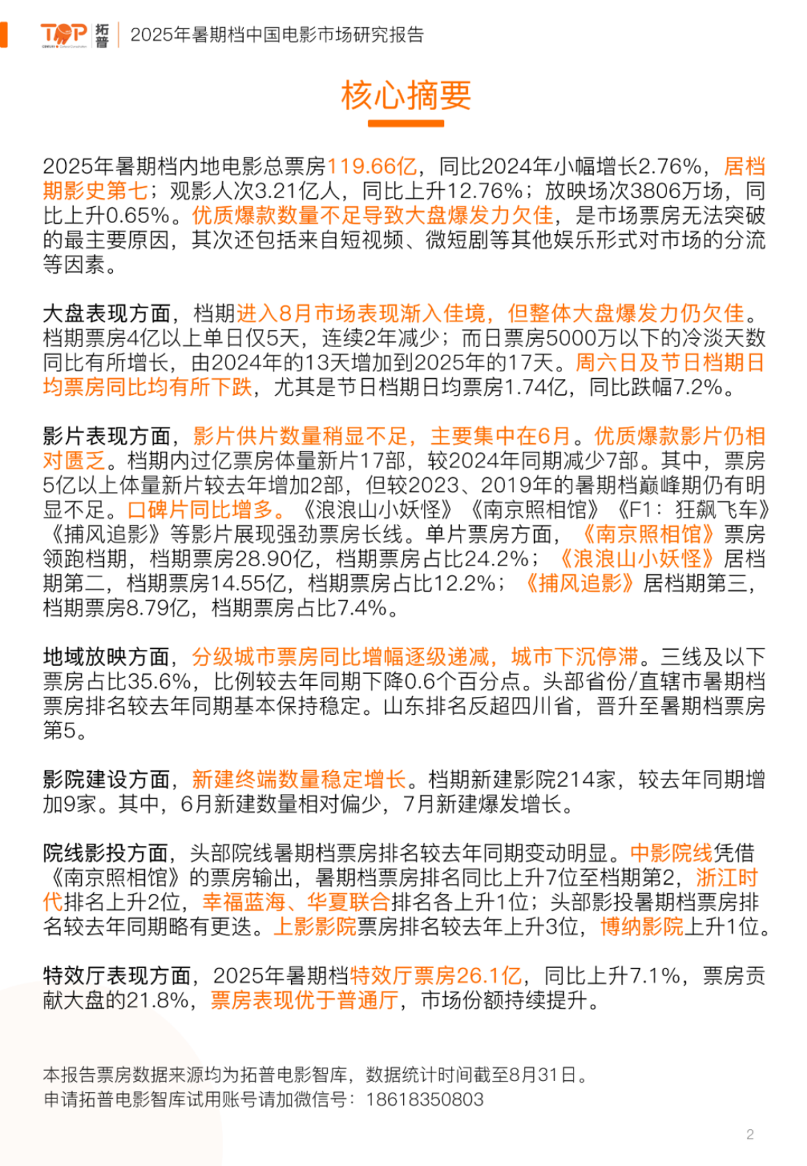 拓普：2025年暑期档电影市场研究报告 第2页