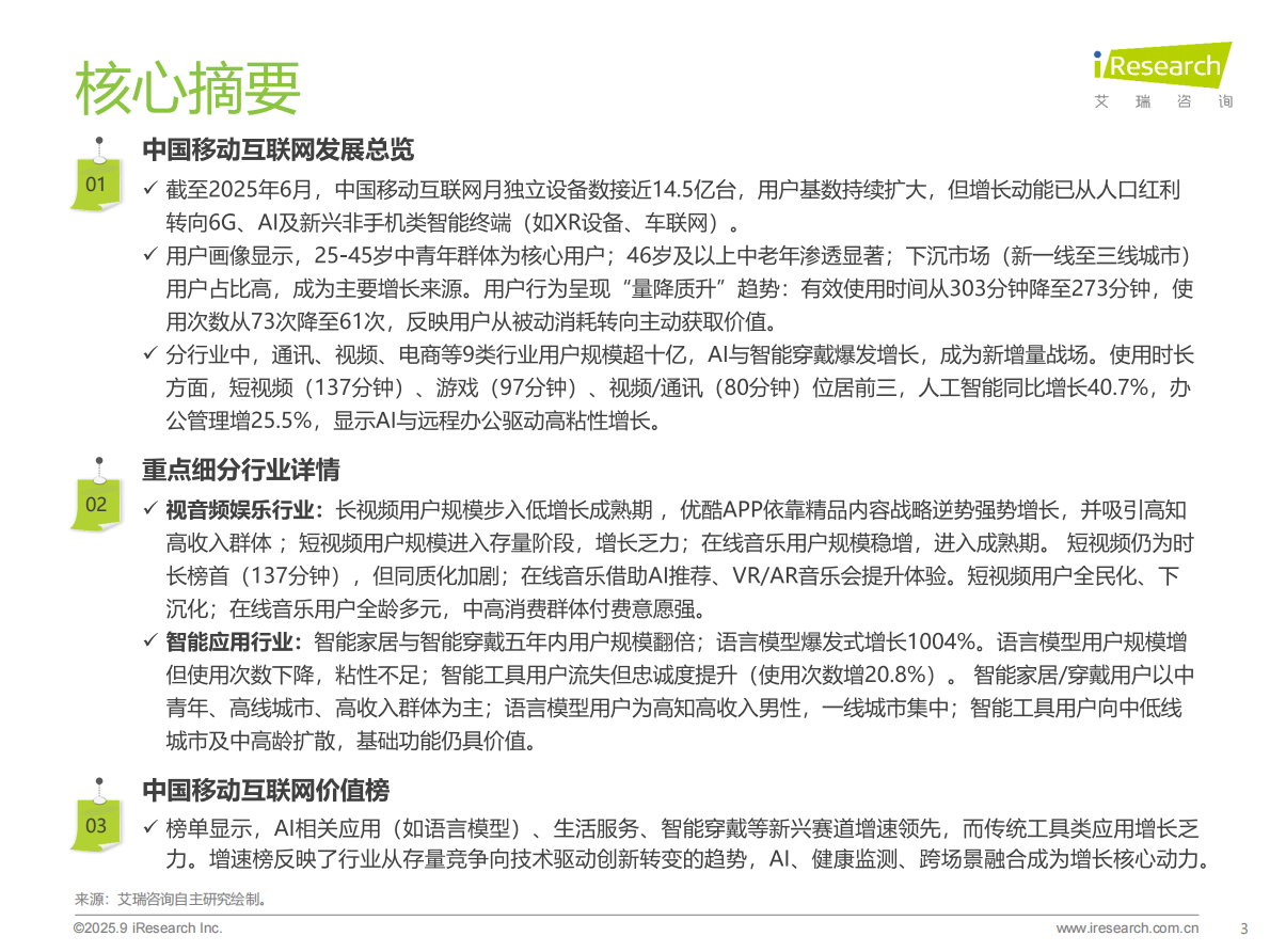 艾瑞咨询：2025年H1中国移动互联网流量半年报告 第3页