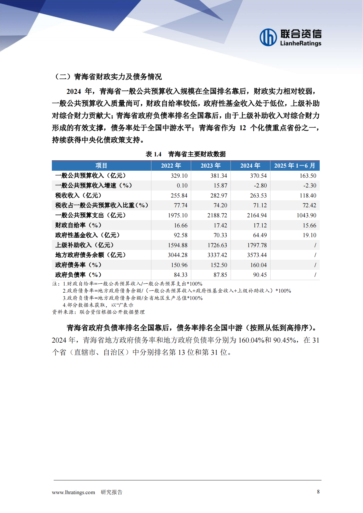 联合资信：地方政府与城投企业债务风险研究报告-青海篇（2025年） 第8页
