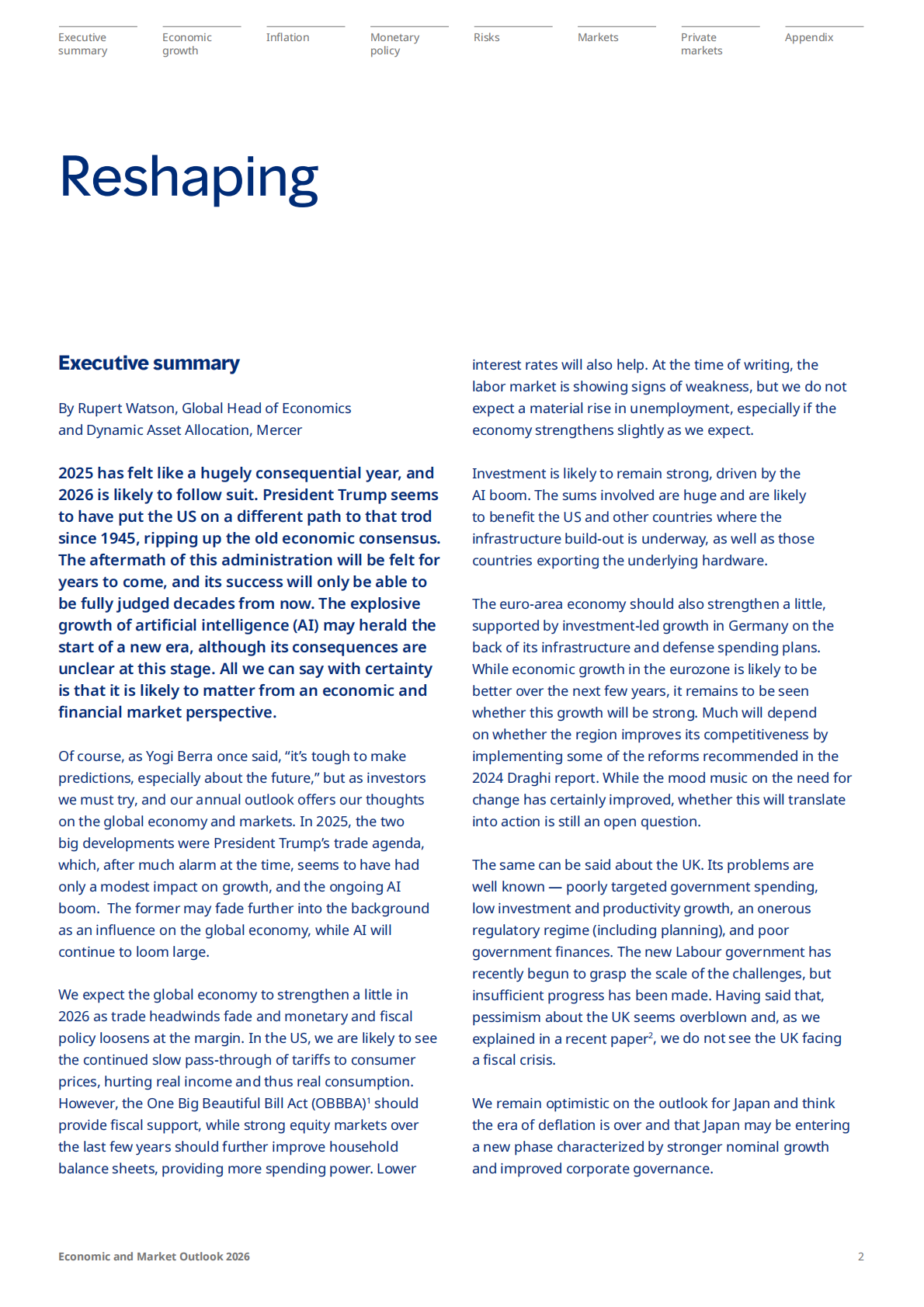 Mercer：2026年全球经济与市场展望报告：重塑（英文） 第2页