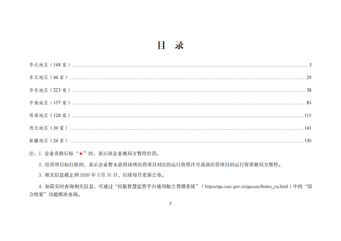 全国通用航空企业经营许可信息（2026年3月） 第2页
